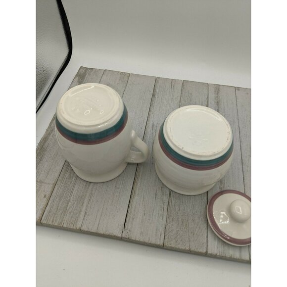 Pfaltzgraff JUNIPER Creamer & Sugar Set Teal Blue Green & Purple Mauve Trim Lid - Picture 6 of 8
